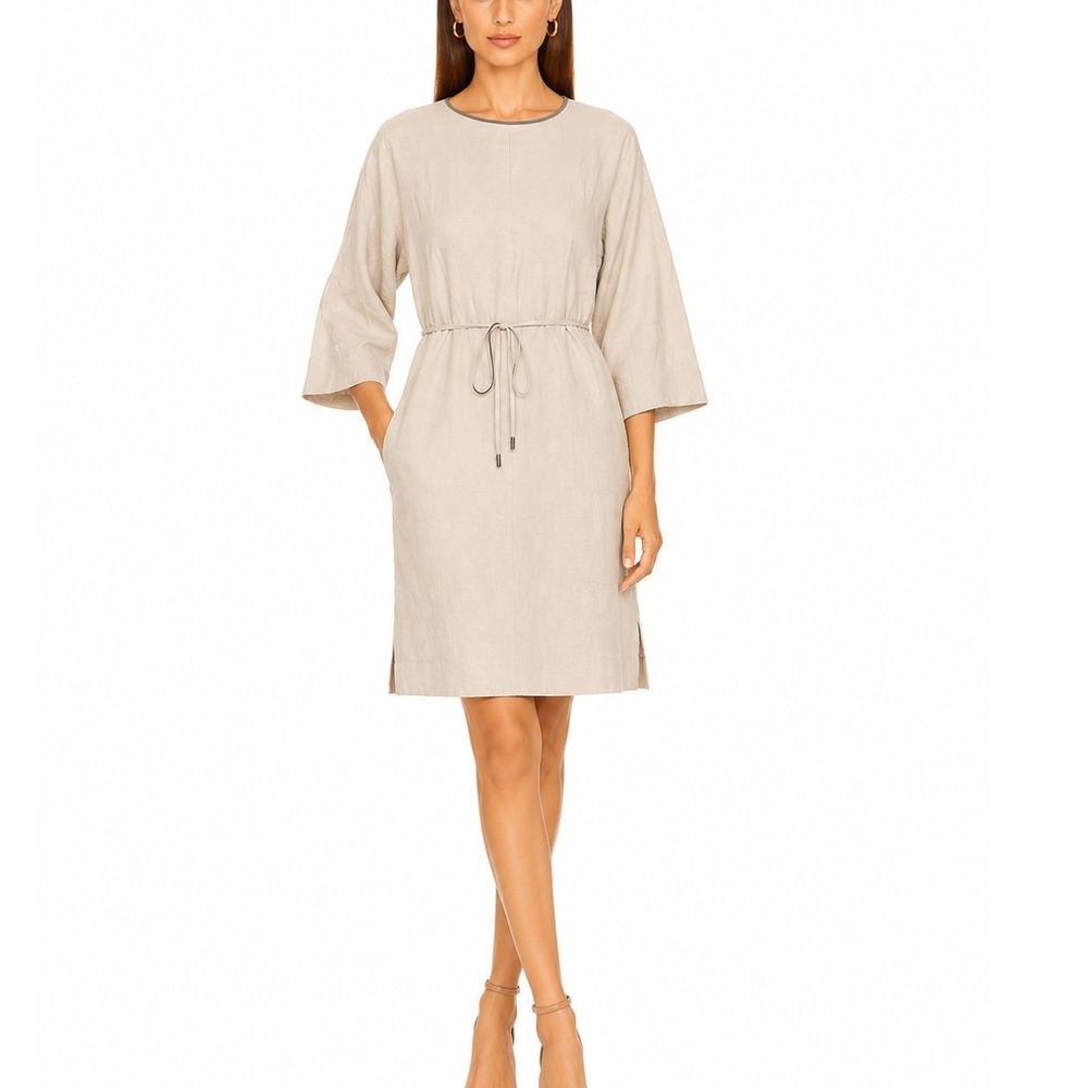 Peserico Beige Drawstring Waist Shift Dress 3/4 Sleeve Made in Italy Size 46/L